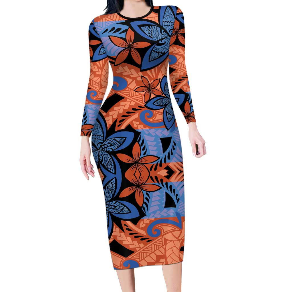 Plumeria Polynesian Pattern Family Matching Long Sleeve Bodycon Dress and Hawaiian Shirt Unique Fantasy Orange Blue LT01 Mom's Dress Orange - Polynesian Pride