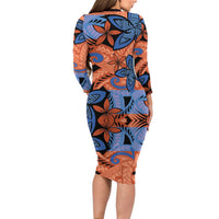 Plumeria Polynesian Pattern Family Matching Long Sleeve Bodycon Dress and Hawaiian Shirt Unique Fantasy Orange Blue LT01 - Polynesian Pride