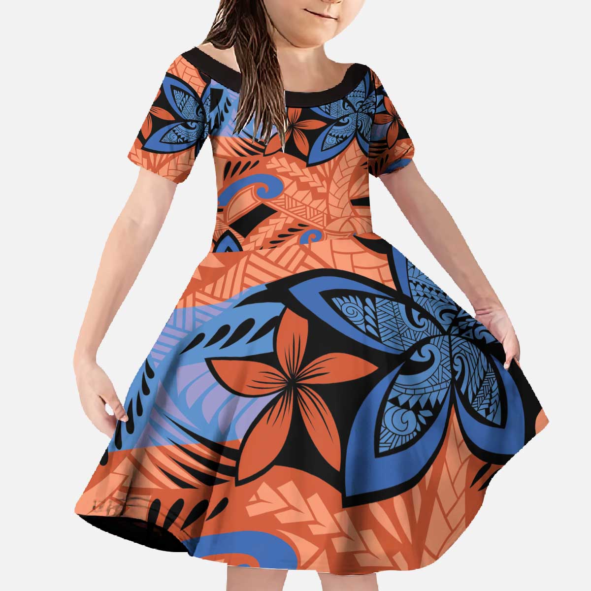 Plumeria Polynesian Pattern Family Matching Off The Shoulder Long Sleeve Dress and Hawaiian Shirt Unique Fantasy Orange Blue LT01 Daughter's Dress Orange - Polynesian Pride