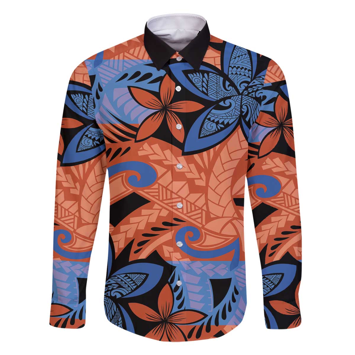 Plumeria Polynesian Pattern Family Matching Off The Shoulder Long Sleeve Dress and Hawaiian Shirt Unique Fantasy Orange Blue LT01 Dad's Shirt - Long Sleeve Orange - Polynesian Pride