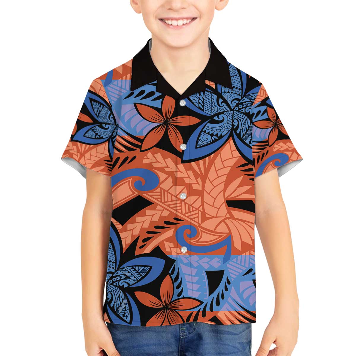 Plumeria Polynesian Pattern Family Matching Off The Shoulder Long Sleeve Dress and Hawaiian Shirt Unique Fantasy Orange Blue LT01 Son's Shirt Orange - Polynesian Pride