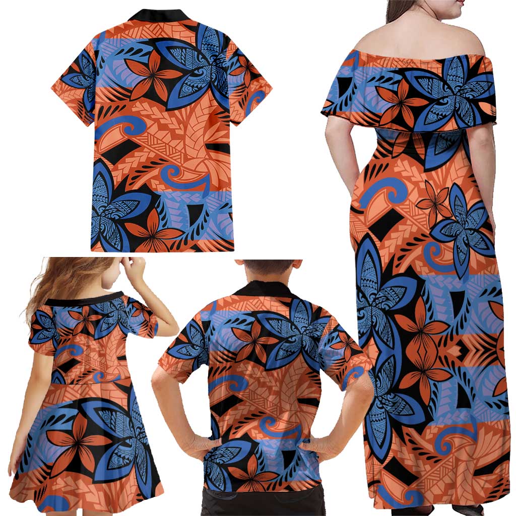 Plumeria Polynesian Pattern Family Matching Off Shoulder Maxi Dress and Hawaiian Shirt Unique Fantasy Orange Blue