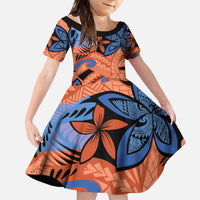 Plumeria Polynesian Pattern Family Matching Short Sleeve Bodycon Dress and Hawaiian Shirt Unique Fantasy Orange Blue LT01 Daughter's Dress Orange - Polynesian Pride