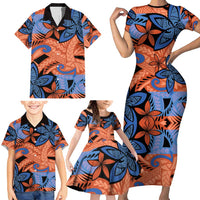 Plumeria Polynesian Pattern Family Matching Short Sleeve Bodycon Dress and Hawaiian Shirt Unique Fantasy Orange Blue LT01 - Polynesian Pride