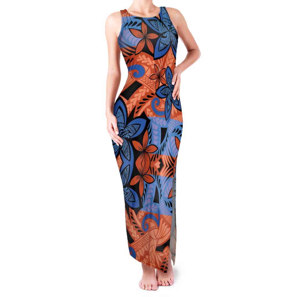 Plumeria Polynesian Pattern Family Matching Tank Maxi Dress and Hawaiian Shirt Unique Fantasy Orange Blue