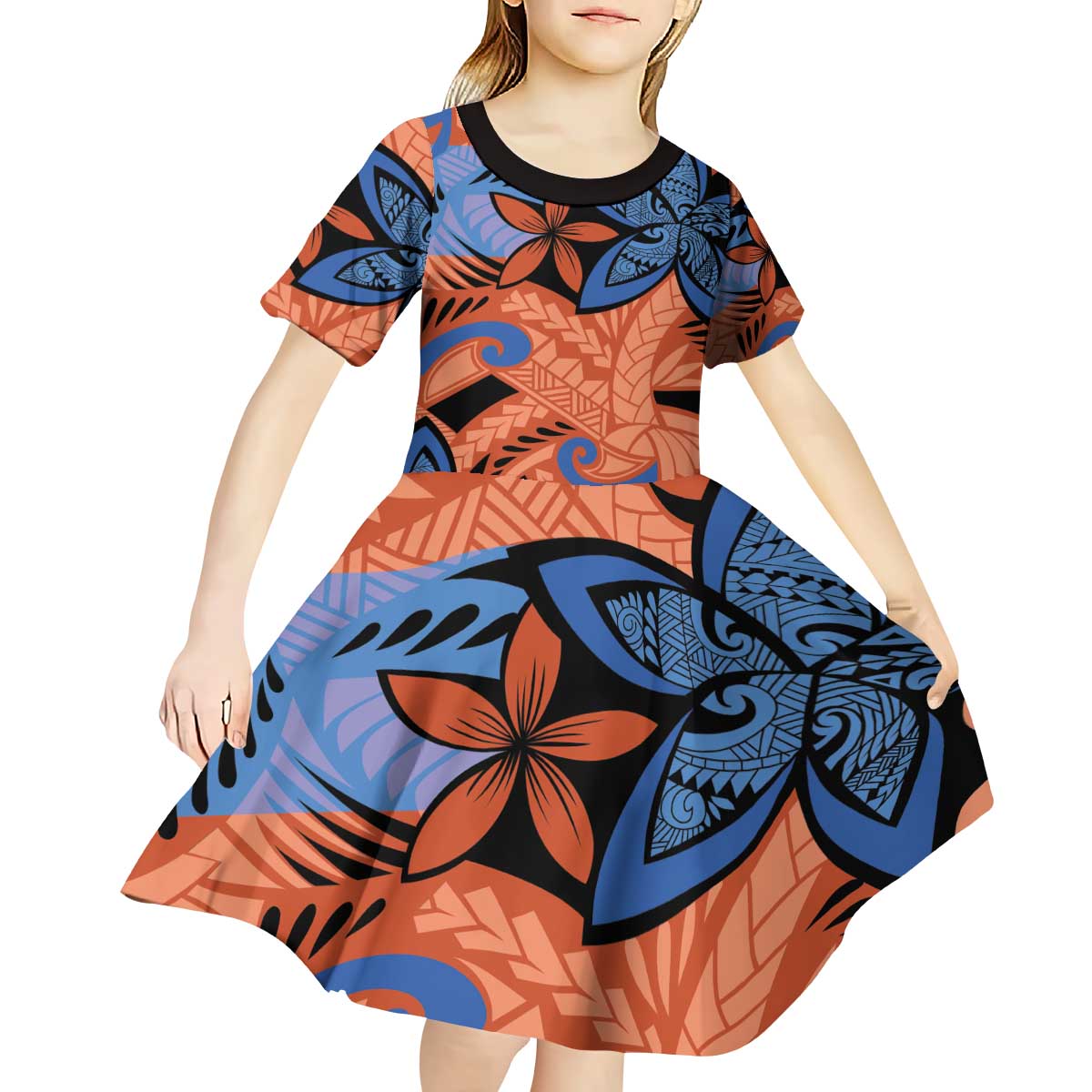 Plumeria Polynesian Pattern Kid Short Sleeve Dress Unique Fantasy Orange Blue