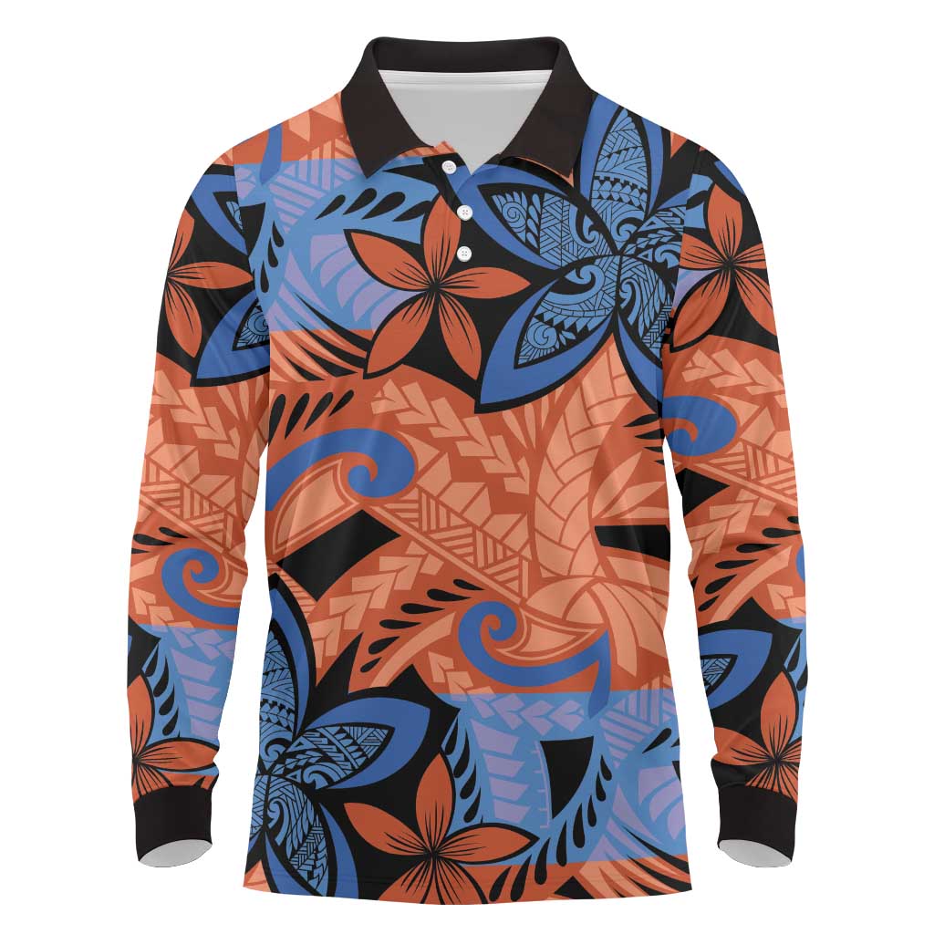 Plumeria Polynesian Pattern Long Sleeve Polo Shirt Unique Fantasy Orange Blue