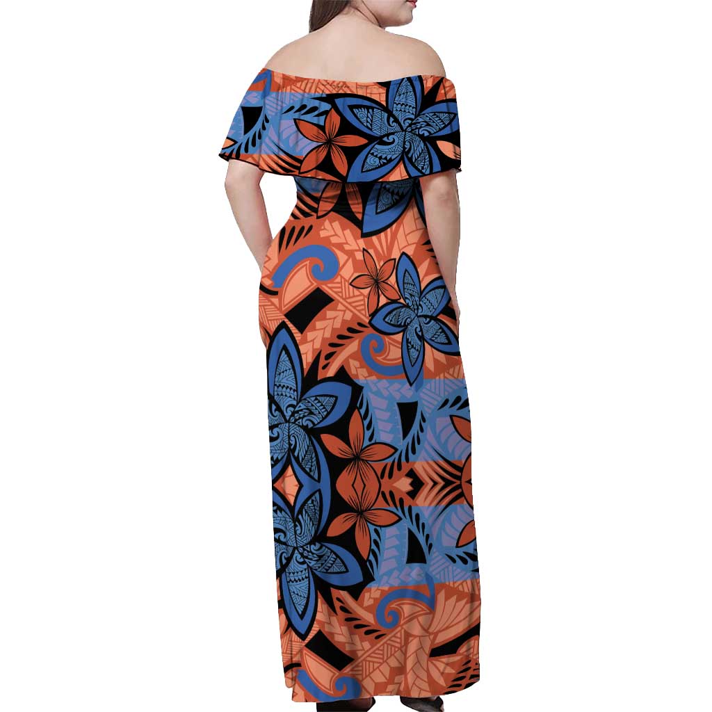 Plumeria Polynesian Pattern Off Shoulder Maxi Dress Unique Fantasy Orange Blue