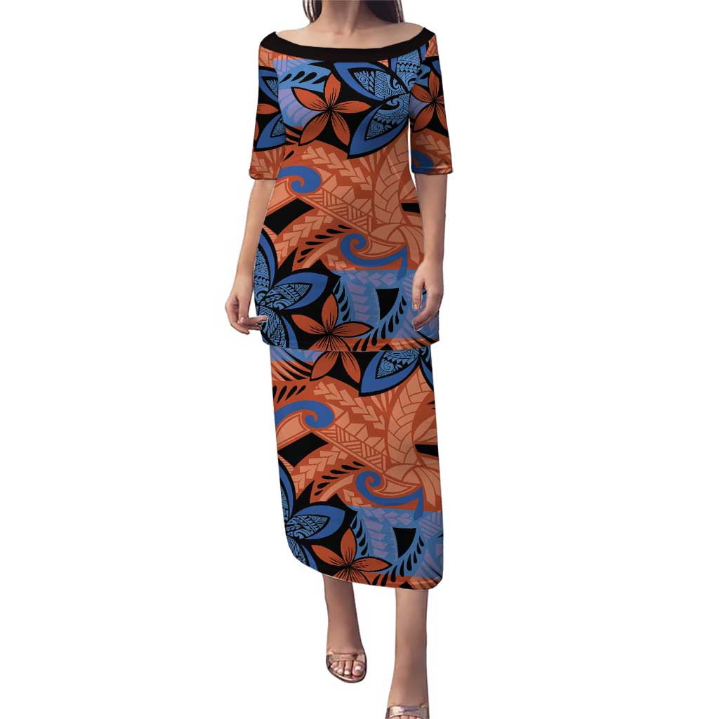 Plumeria Polynesian Pattern Puletasi Unique Fantasy Orange Blue