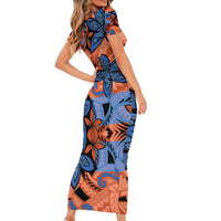 Plumeria Polynesian Pattern Short Sleeve Bodycon Dress Unique Fantasy Orange Blue
