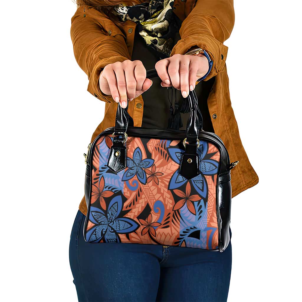 Plumeria Polynesian Pattern Shoulder Handbag Unique Fantasy Orange Blue