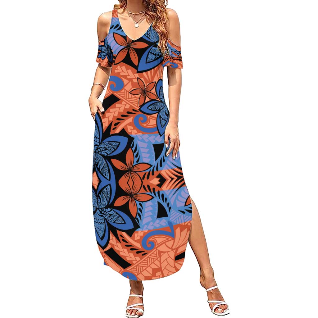 Plumeria Polynesian Pattern Summer Maxi Dress Unique Fantasy Orange Blue