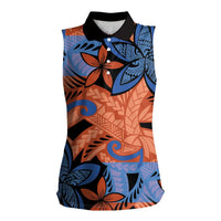 Plumeria Polynesian Pattern Women Sleeveless Polo Shirt Unique Fantasy Orange Blue