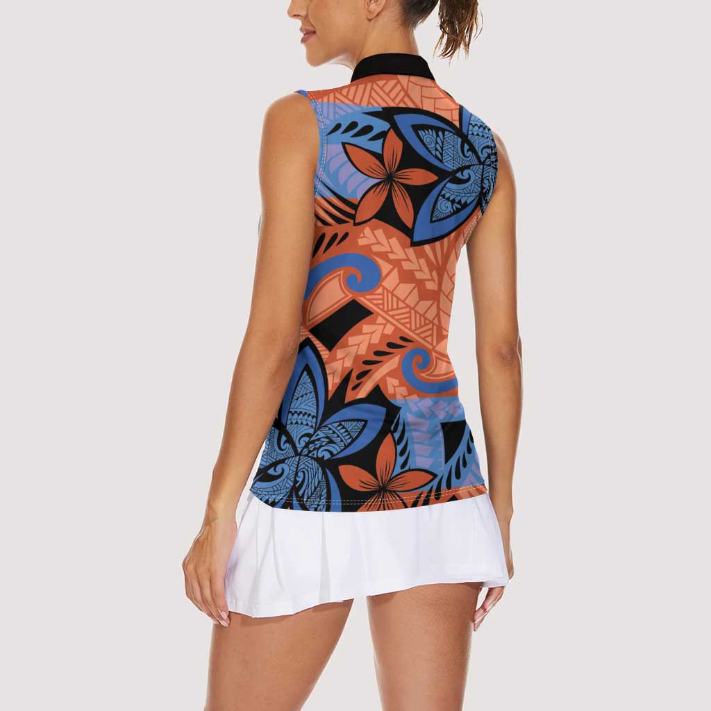 Plumeria Polynesian Pattern Women Sleeveless Polo Shirt Unique Fantasy Orange Blue