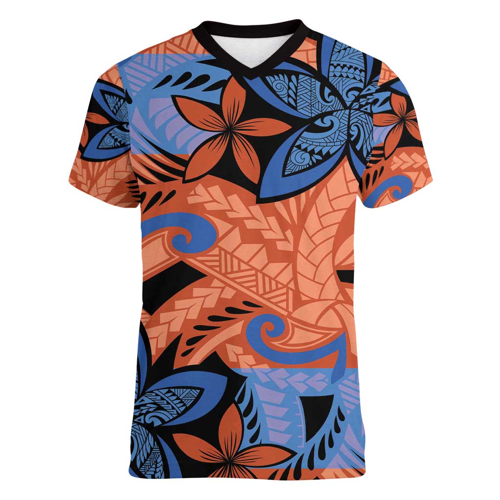 Plumeria Polynesian Pattern Women V-Neck T-Shirt Unique Fantasy Orange Blue
