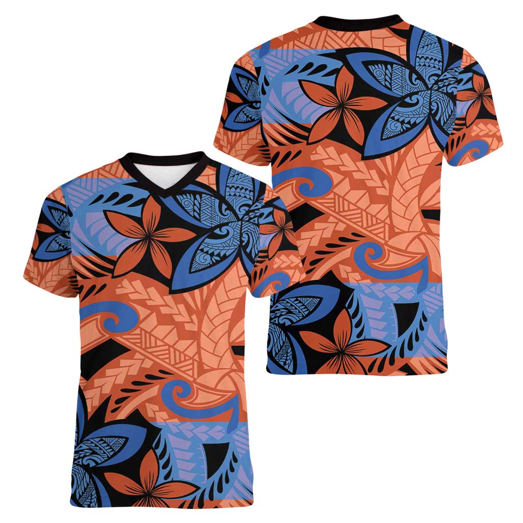 Plumeria Polynesian Pattern Women V-Neck T-Shirt Unique Fantasy Orange Blue LT01 - Polynesian Pride