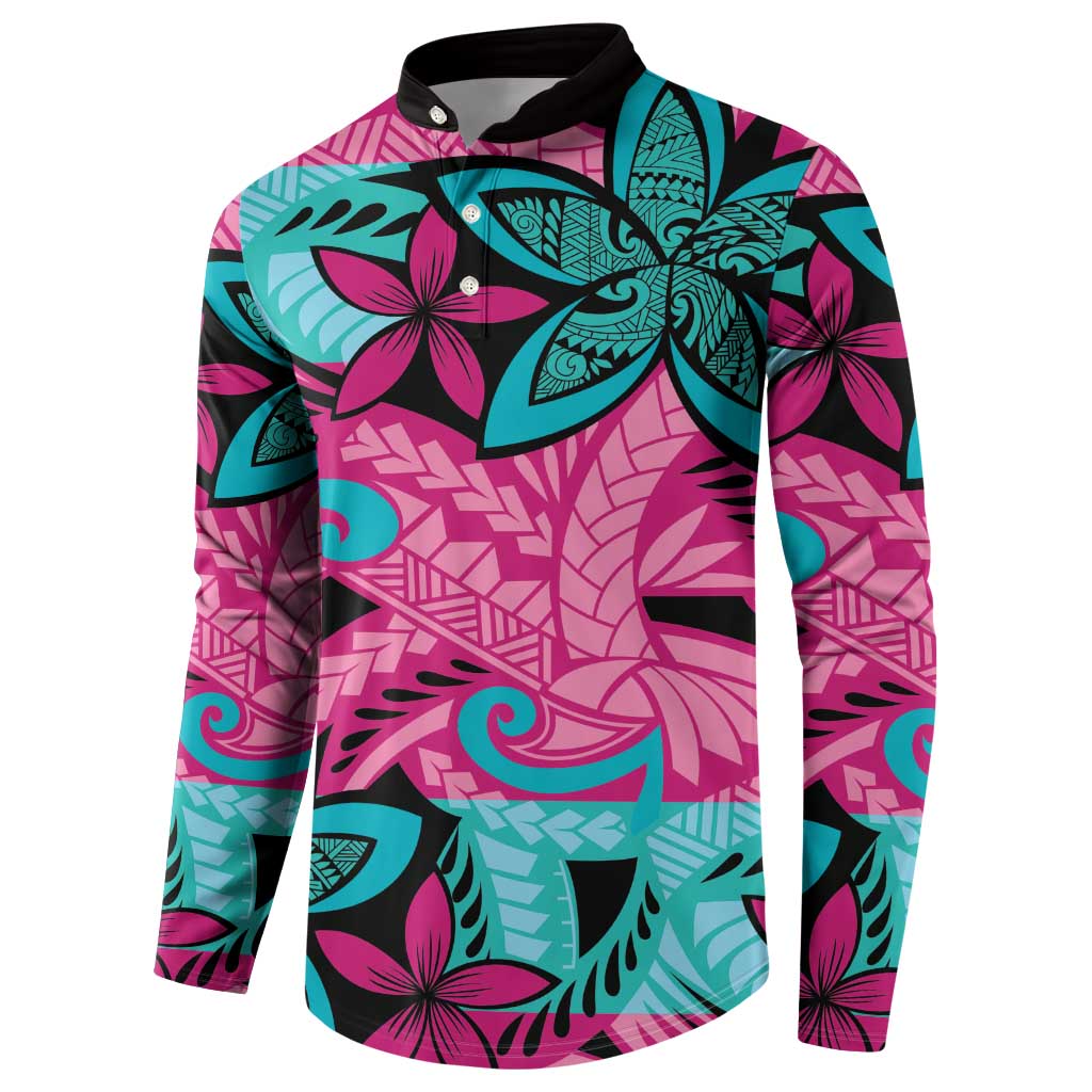 Plumeria Polynesian Pattern Button Sweatshirt Unique Fantasy Pink Teal