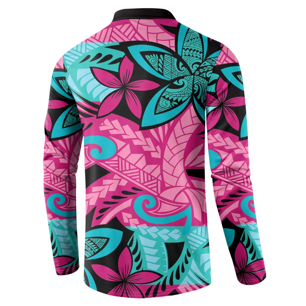 Plumeria Polynesian Pattern Button Sweatshirt Unique Fantasy Pink Teal
