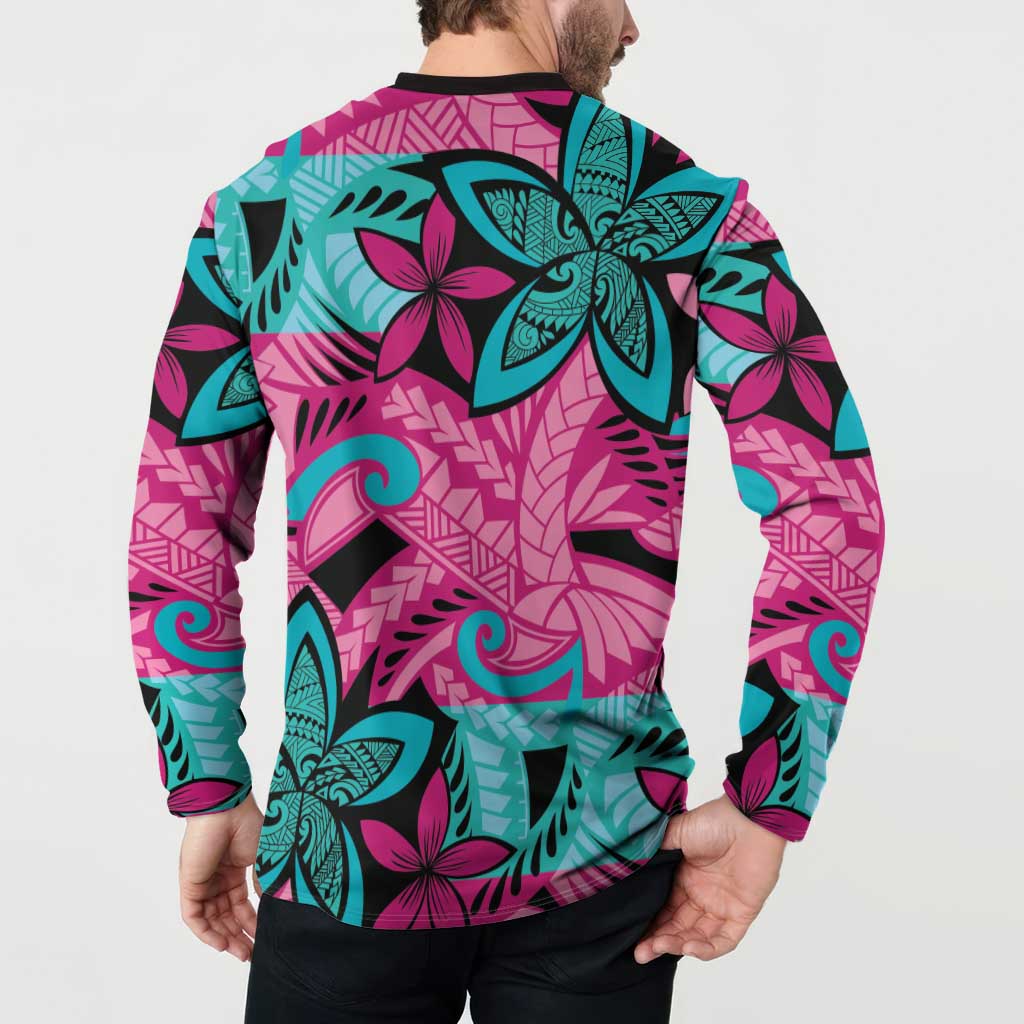 Plumeria Polynesian Pattern Button Sweatshirt Unique Fantasy Pink Teal