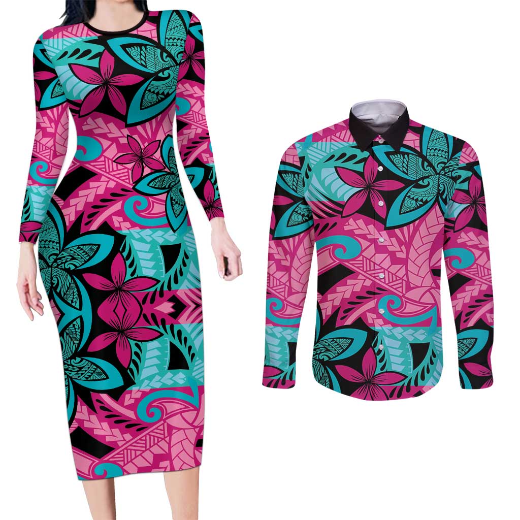 Plumeria Polynesian Pattern Couples Matching Long Sleeve Bodycon Dress and Long Sleeve Button Shirt Unique Fantasy Pink Teal