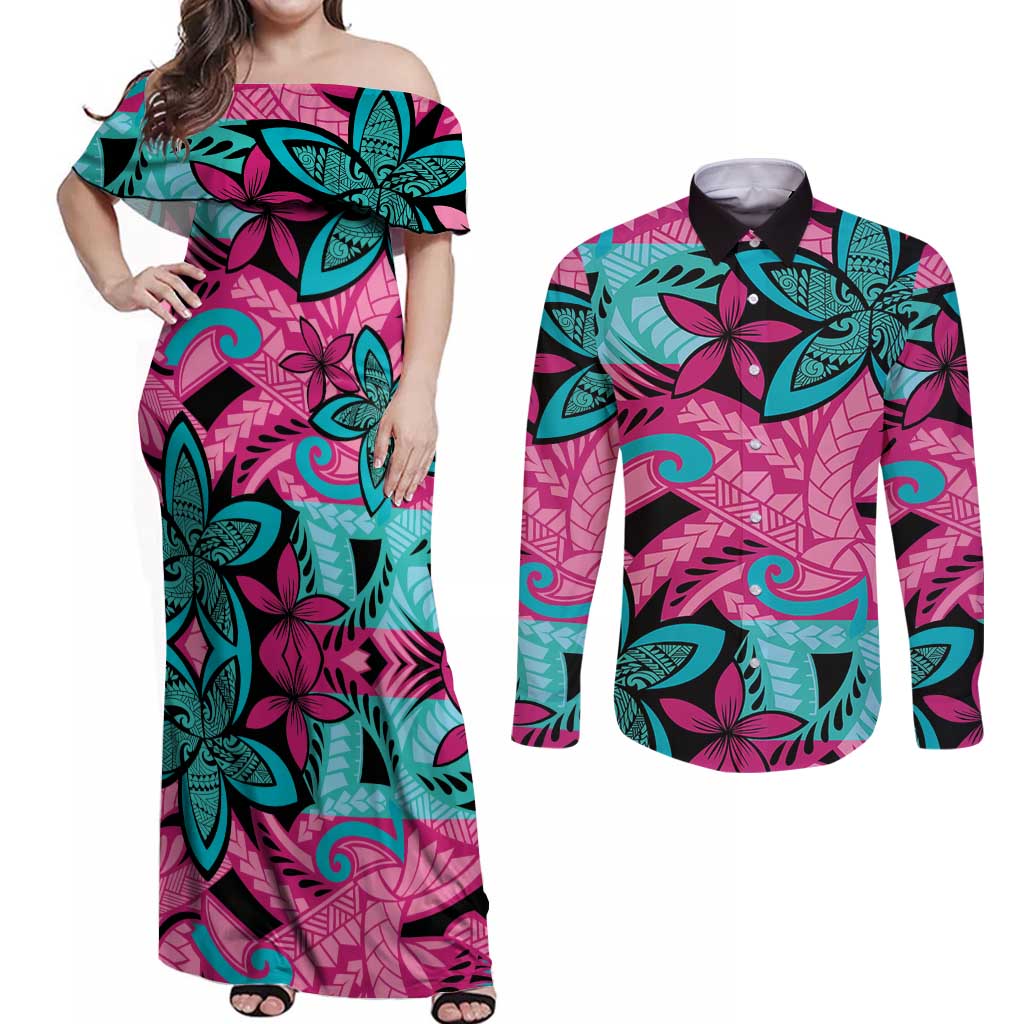 Plumeria Polynesian Pattern Couples Matching Off Shoulder Maxi Dress and Long Sleeve Button Shirt Unique Fantasy Pink Teal
