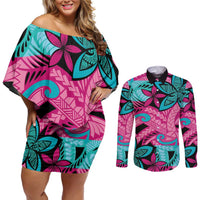 Plumeria Polynesian Pattern Couples Matching Off Shoulder Short Dress and Long Sleeve Button Shirt Unique Fantasy Pink Teal