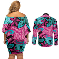 Plumeria Polynesian Pattern Couples Matching Off Shoulder Short Dress and Long Sleeve Button Shirt Unique Fantasy Pink Teal