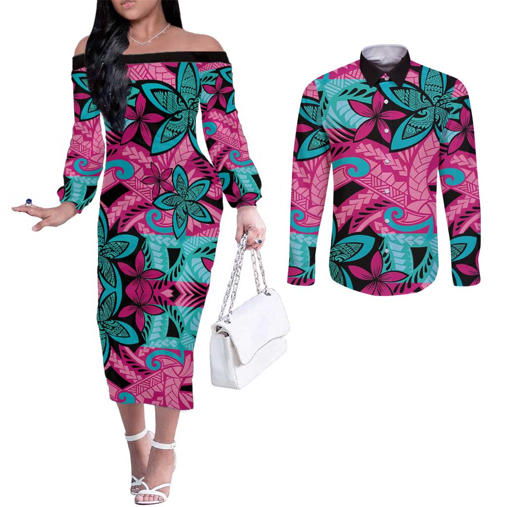 Plumeria Polynesian Pattern Couples Matching Off The Shoulder Long Sleeve Dress and Long Sleeve Button Shirt Unique Fantasy Pink Teal