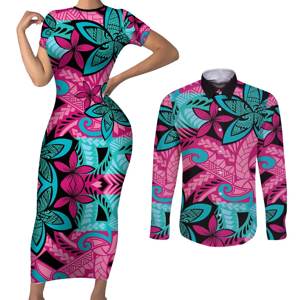 Plumeria Polynesian Pattern Couples Matching Short Sleeve Bodycon Dress and Long Sleeve Button Shirt Unique Fantasy Pink Teal