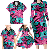 Plumeria Polynesian Pattern Family Matching Long Sleeve Bodycon Dress and Hawaiian Shirt Unique Fantasy Pink Teal LT01 - Polynesian Pride