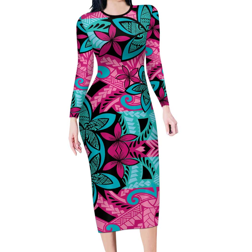 Plumeria Polynesian Pattern Family Matching Long Sleeve Bodycon Dress and Hawaiian Shirt Unique Fantasy Pink Teal LT01 Mom's Dress Pink - Polynesian Pride
