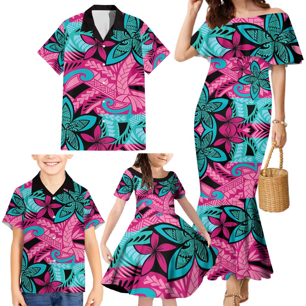 Plumeria Polynesian Pattern Family Matching Mermaid Dress and Hawaiian Shirt Unique Fantasy Pink Teal LT01 - Polynesian Pride