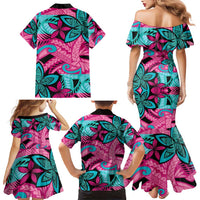 Plumeria Polynesian Pattern Family Matching Mermaid Dress and Hawaiian Shirt Unique Fantasy Pink Teal LT01 - Polynesian Pride