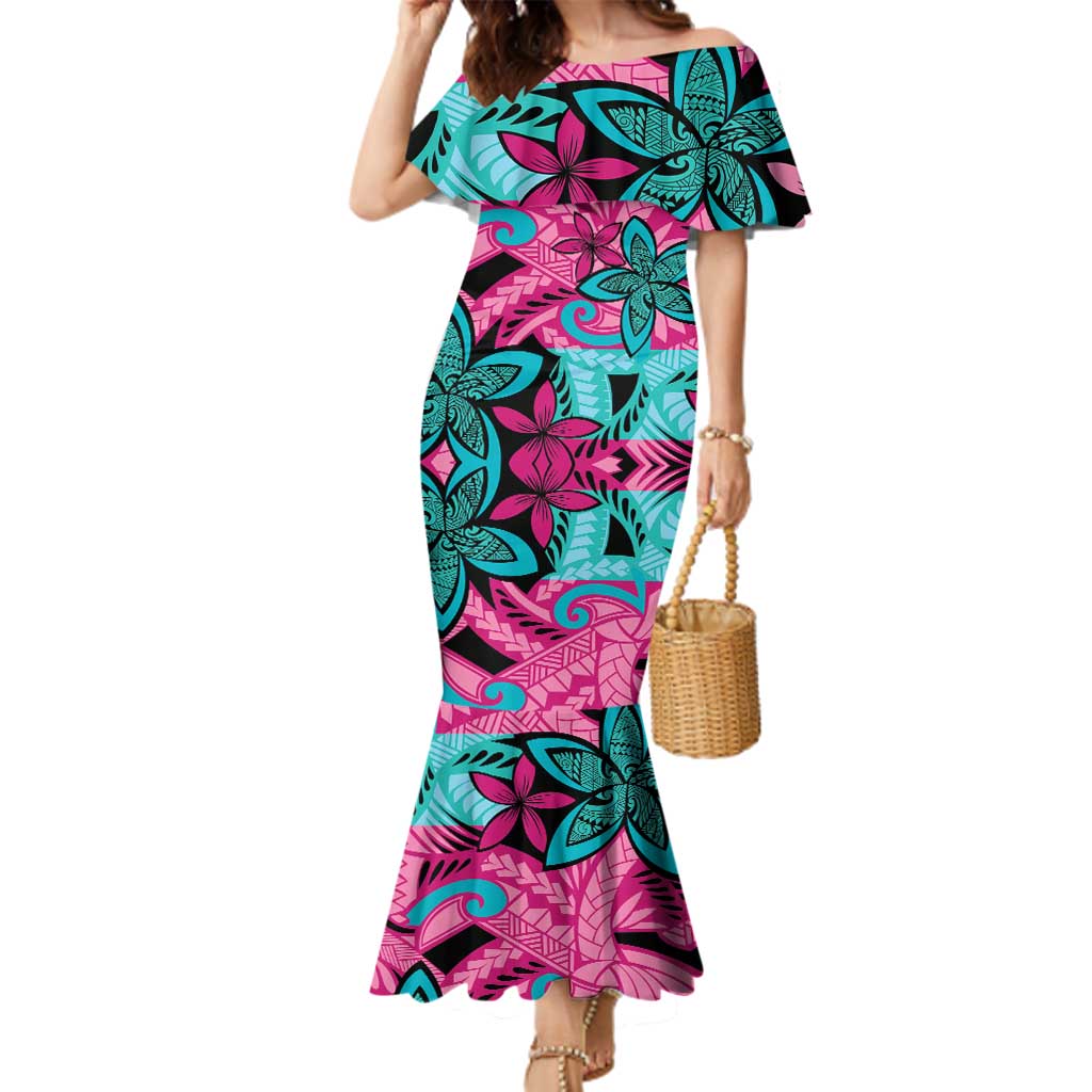 Plumeria Polynesian Pattern Family Matching Mermaid Dress and Hawaiian Shirt Unique Fantasy Pink Teal LT01 Mom's Dress Pink - Polynesian Pride