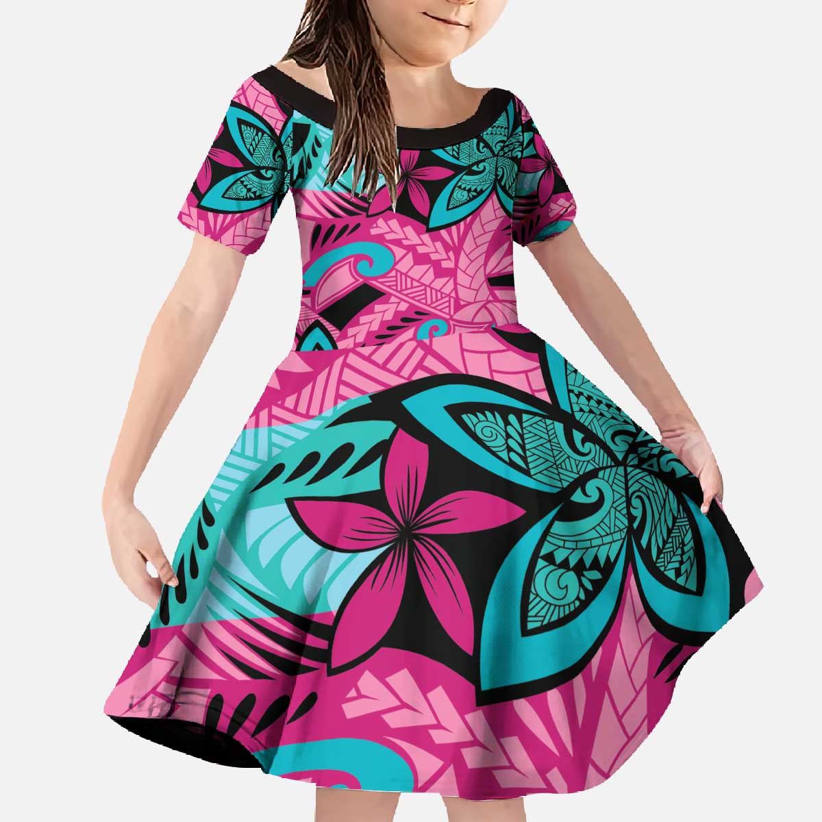 Plumeria Polynesian Pattern Family Matching Off The Shoulder Long Sleeve Dress and Hawaiian Shirt Unique Fantasy Pink Teal LT01 Daughter's Dress Pink - Polynesian Pride