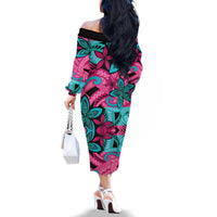 Plumeria Polynesian Pattern Family Matching Off The Shoulder Long Sleeve Dress and Hawaiian Shirt Unique Fantasy Pink Teal LT01 - Polynesian Pride