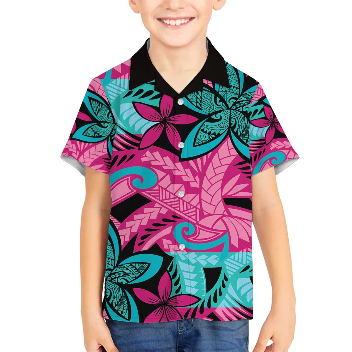 Plumeria Polynesian Pattern Family Matching Off The Shoulder Long Sleeve Dress and Hawaiian Shirt Unique Fantasy Pink Teal LT01 Son's Shirt Pink - Polynesian Pride
