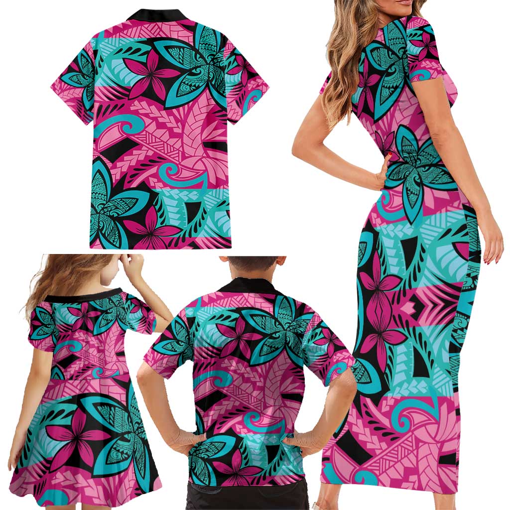 Plumeria Polynesian Pattern Family Matching Short Sleeve Bodycon Dress and Hawaiian Shirt Unique Fantasy Pink Teal LT01 - Polynesian Pride