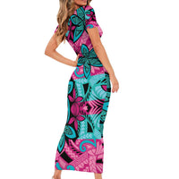 Plumeria Polynesian Pattern Family Matching Short Sleeve Bodycon Dress and Hawaiian Shirt Unique Fantasy Pink Teal LT01 - Polynesian Pride