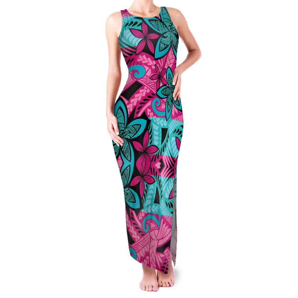 Plumeria Polynesian Pattern Family Matching Tank Maxi Dress and Hawaiian Shirt Unique Fantasy Pink Teal