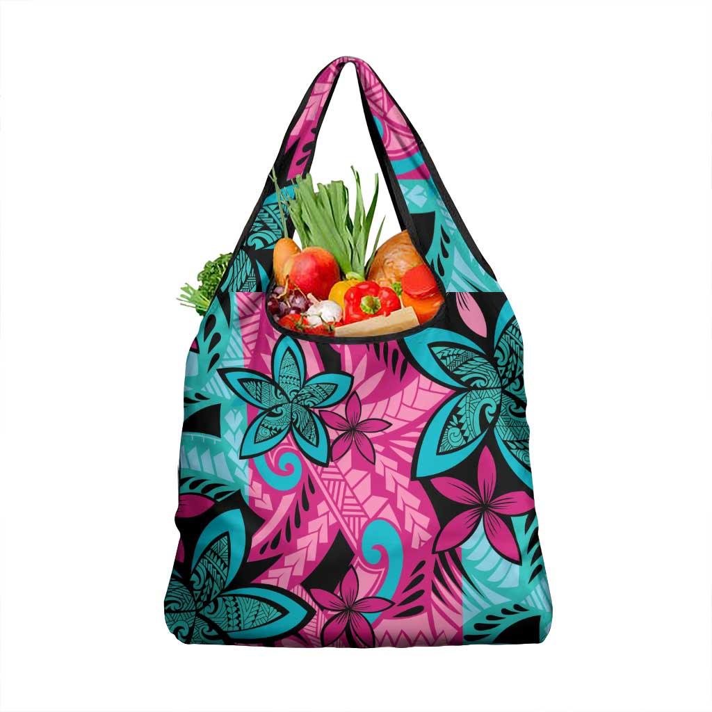 Plumeria Polynesian Pattern Grocery Bag Unique Fantasy Pink Teal
