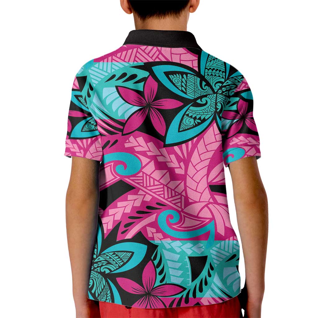 Plumeria Polynesian Pattern Kid Polo Shirt Unique Fantasy Pink Teal