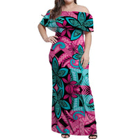 Plumeria Polynesian Pattern Off Shoulder Maxi Dress Unique Fantasy Pink Teal