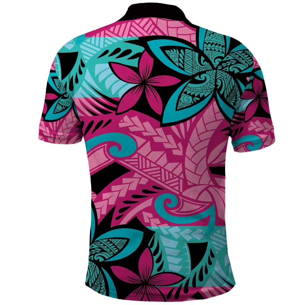 Plumeria Polynesian Pattern Polo Shirt Unique Fantasy Pink Teal