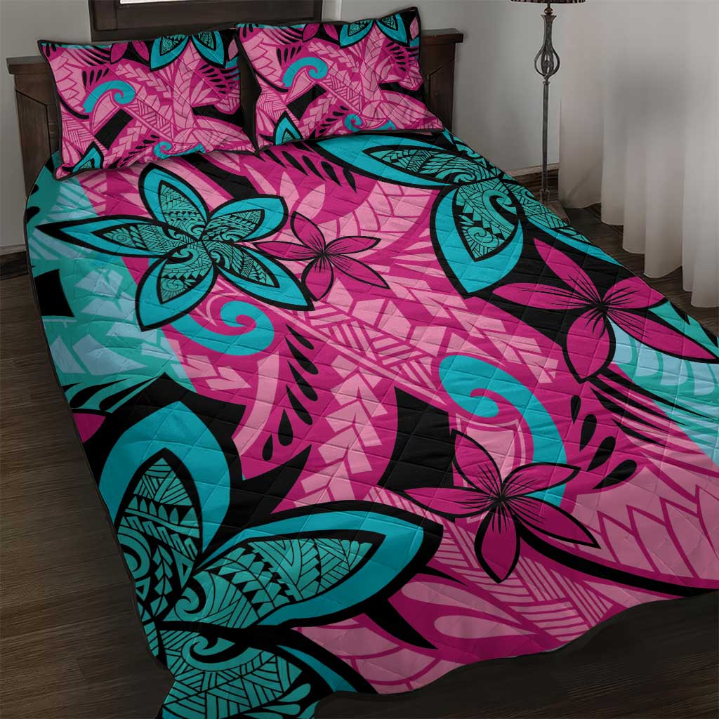 Plumeria Polynesian Pattern Quilt Bed Set Unique Fantasy Pink Teal