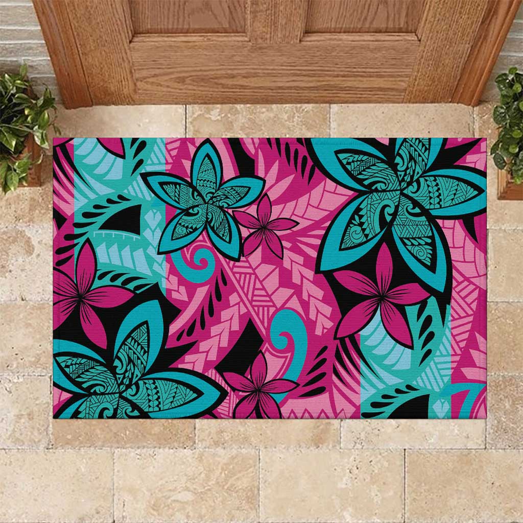 Plumeria Polynesian Pattern Rubber Doormat Unique Fantasy Pink Teal