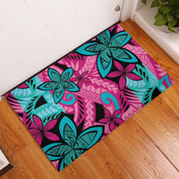 Plumeria Polynesian Pattern Rubber Doormat Unique Fantasy Pink Teal