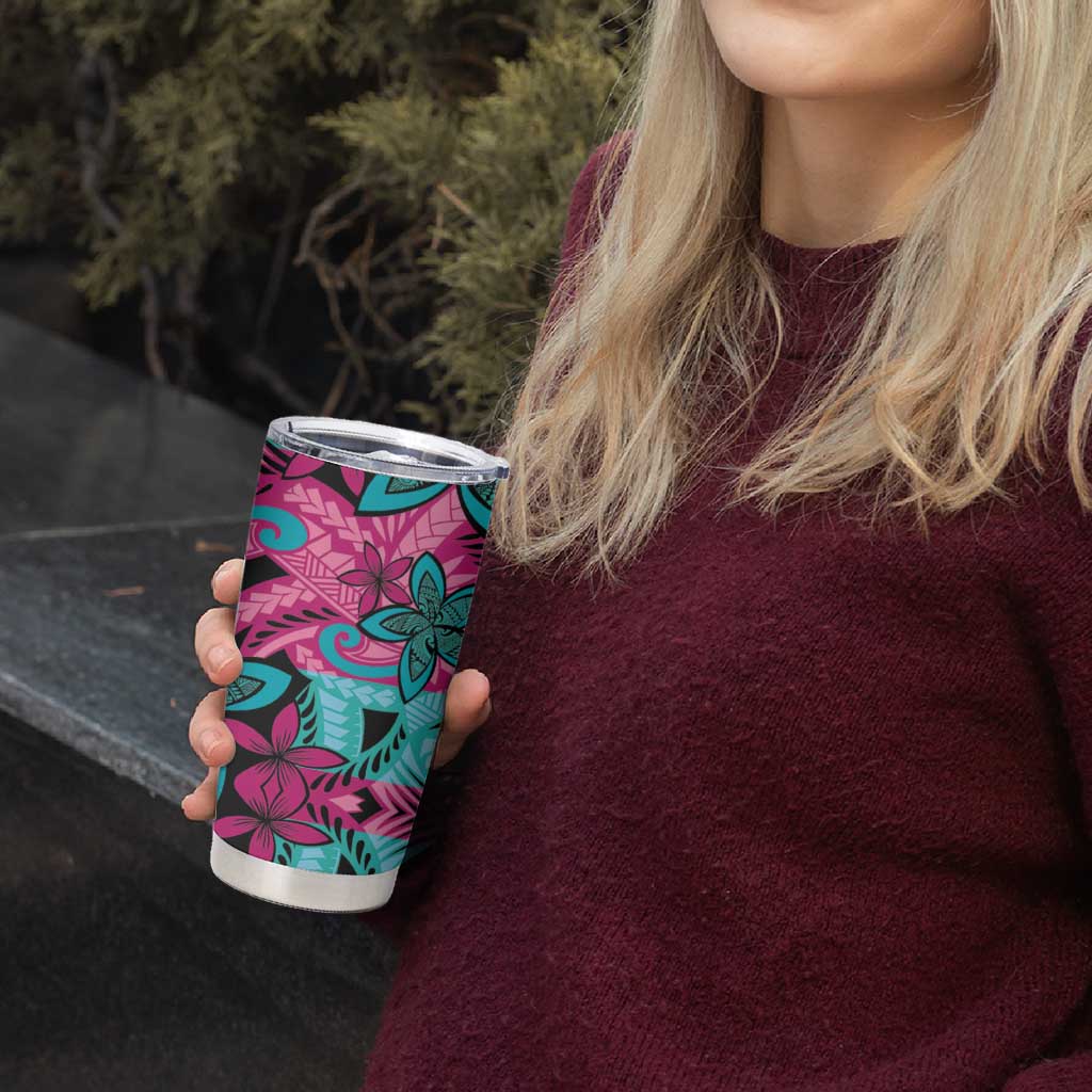 Plumeria Polynesian Pattern Tumbler Cup Unique Fantasy Pink Teal
