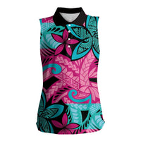 Plumeria Polynesian Pattern Women Sleeveless Polo Shirt Unique Fantasy Pink Teal
