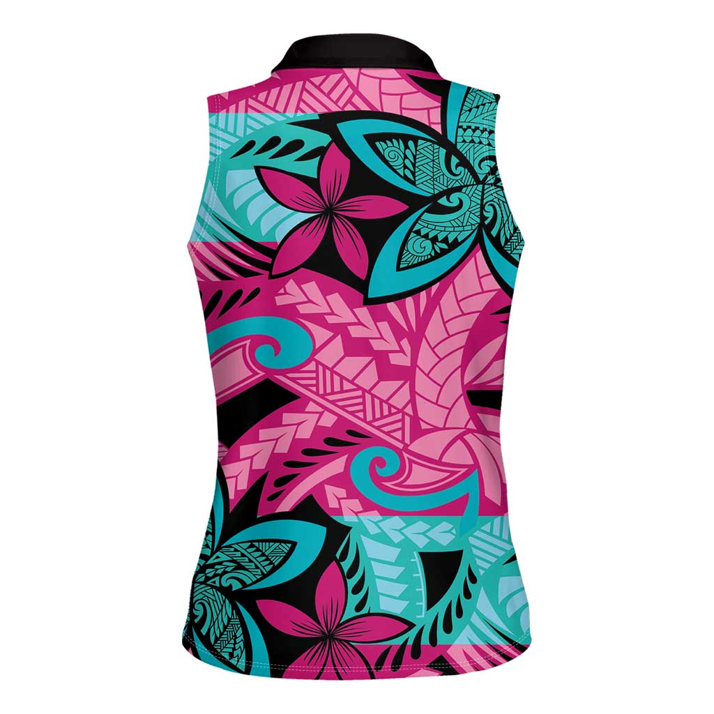 Plumeria Polynesian Pattern Women Sleeveless Polo Shirt Unique Fantasy Pink Teal